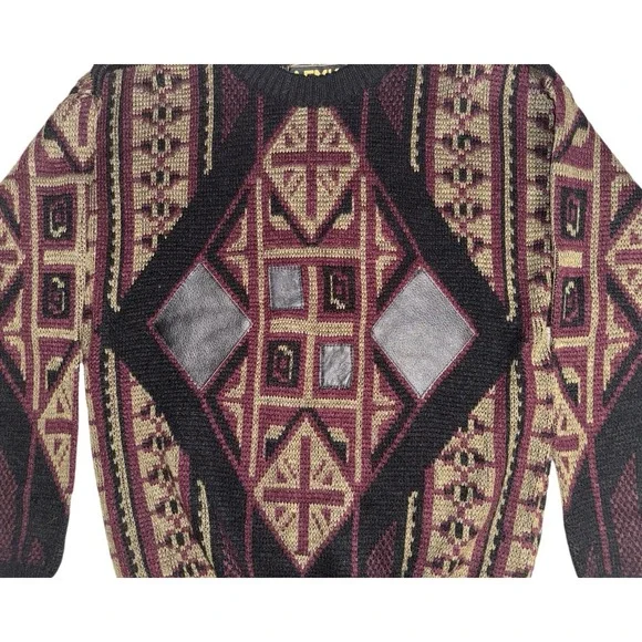 AMFK Co Moda Burgundy Brown Geometric Leather Patch Grandpa Sweater Sz L VTG 80s - Picture 3 of 6